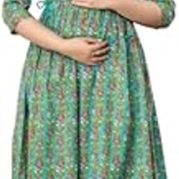 Maternity Floral Print Cotton Midi Dress, Yellow with Pink Flowers, 3/4 Sleeves, Empire Waist-image-56