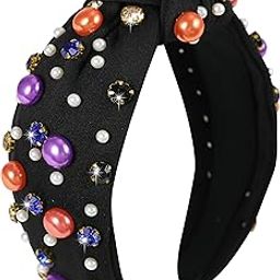Halloween Knotted Pearl Headbands for Women Sparkly Beaded Headband Embellished with Crystals Wide Top Knot Black Pumpkin Headband Elegant Hair Accessories-image-22