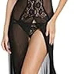 fihana Women`s Sheer Net Lace Polyester Solid Plain Slip Babydoll Lingerie Deep V Neck Long Night Gowns Dress with G-String Panty S-3XL-picture-41