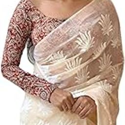 Women Chanderi Silk Embroidered Saree With Tassels, Satin Silk Printed Blouse Piece, Cream-picture-19
