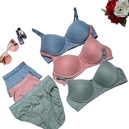 Multicolor Solid Padded Bra Panty Set | Glossy Bralette for Women | Cotton Blend | Mid Rise Hipster | Comfortable Full Coverage Fit - Size 40 Blue-Pink-Green-picture-8