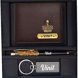 Premium Men's Personalized Wallet with Name & Charm | Combo Giftset for Men | Customized Leather Purse,Pen,Keychain Combo Gift Hamper | Birthday Anniversary Valentine Gift for Men (Brown)-55