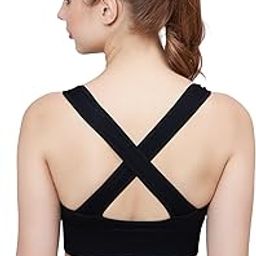 PLUMBURY Women's Padded Cross Back Medium Support Sports Bra, Size M, Black - Polyamide-image-78