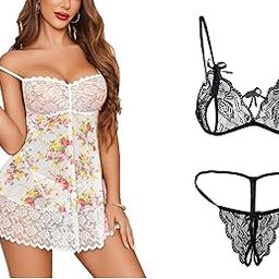 Lace Babydoll Lingerie Sexy Mini Chemise Mesh Wedding Nightie Bridal Nightdress with Bikini-image-63