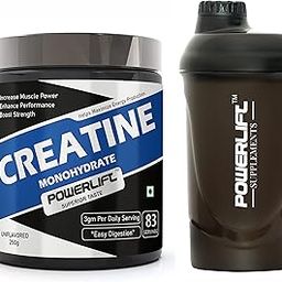 PowerLift Creatine Monohydrate with Shaker (250gm Unflavored) Muscle Repair & Recovery, 83 servings of Creatine-4