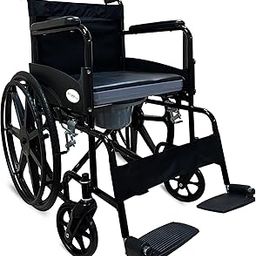 Entros 2-In-1 Foldable Commode Wheelchair with Premium Mag wheel & Detachable Cushion Seat | Manual Wheelchair for Old People & Patients, Matte Black -8005A-15