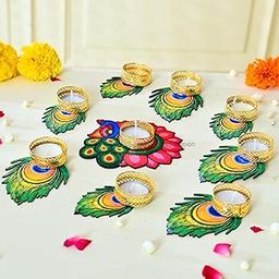 Ascension Decorative Peacock Tealight Candle Holder Stand Set of 9 - Mor Pankh Design Reusable Diya for Diwali Floor Rangoli Decoration Items, Home Decor, Diyas Indoor Outdoor Office Gifting,-image-4