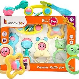 Innovitoy 6Pcs Rattles Infant Colourful Plastic Non Toxic Set of 6 Attractive Rattles and Teathers for New Borns, Baby,Kid (Multi Color) | Premium Gift Set for Baby-32