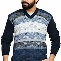 Men V- Neck Wide Stripe Full Sleeve Woolen Winter Pullover Sweater_Free Size (Men OSWAL Print Sweater)-image-64