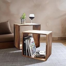 LALITA HANDICRAFT Sheesham Wood Bedside Table for Bedroom, Nested Cube - Set of 2 | Durable and Sturdy End Table | Home Decor Coffee Table | Night Stand Table (Natural Finish)-10