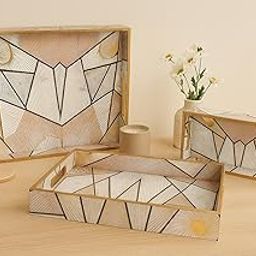 Wooden Serving Tray Set of 3 | Geometric Art Deco Design with Gold Accents | Enamel Coated & Water-Resistant MDF Trays | Sizes 16x10, 14x8, 12x6 | Trays for Kitchen, Dining & Home-2