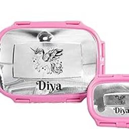 LADOBA Personalized Stainless Steel Lunch Box Pink Color Spoon Fork & 500 ML Bottle Name & Cartoon Printed Dish- Customized Gift for Kids Boy Baby Girl- Name & Favorite Charact-image-1