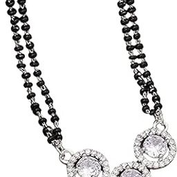 Stylish Mangalsutra for Women | Silver Plated with American Diamond | Short 18 Inch Black Beads Chain-image-5