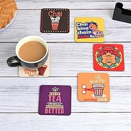 Gift Kya De GKD Coaster Set of 6 Beautiful Wooden Coasters with Proper Coaster Stand Designer Coaster Set fit for Tea Cups and Coffee Mugs Also chai Lover Gifts (Square 3.8 X 3.8 Inch) (chai)-17
