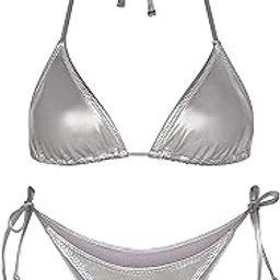 Metallic Bikini for Women - Silver Swimsuit High Waisted Thong Bottom with Side Ties Triangle Top Shiny Swimsuit-picture-36