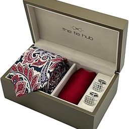 Navy Blue & Red Paisley Necktie with White Grid Cufflinks & Maroon Pocket Square Combo For Men-image-95