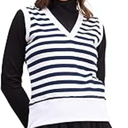 Navy & White Striped V-Neck Sleeveless Sweater-image-64