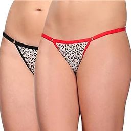 Women's Satin G-String Panty, Pack of 2 Animal Print (Multicolored-Free Size) Tiger Thong Black Red-11