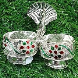 G K EXCLUSIVE™ Beautiful Latest German Silver Meenakari Peacock Haldi Kumkum Stand Holder for Poja/Gifts (Silver, 3 inches)-image-49