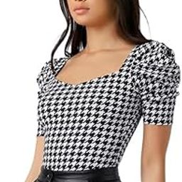 Women's Houndstooth Print Square Neck Top, Short Puff Sleeves, Black and White Pattern-image-3