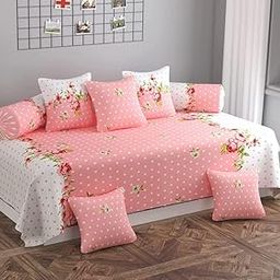 NHD HOME diwan Set for Living Room, diwan Set Covers Glace Cotton, diwan Set 8 Pieces (1 Single Bedsheet, 5 Cushion Covers, 2 Bolster Covers) (Color-White & Pink), Standard-image-79