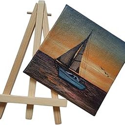 BHAGATH ART STUDIO Mini Canvas Art with Wooden Easel Stand, Sailboat Sunset Painting, 10.6 cm x 10.6 cm-image-56