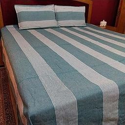 Cotton Double Bed Cover with 2 Pillow Covers/L X W - 100" x 90" / Sage Green with White Stripes/Handloom Weave-image-27