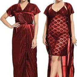 Stylish Printed Nighty with Robe Satin Nighty/Nightgown/Night Dress Combo for Women and Girls - (Free Size, 2 Pcs Nighty Set)-image-79