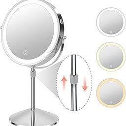 KuMers Lighted Makeup Mirror with Magnification, 10X 8’’Rechargeable Double Sided Vanity Mirror with Lights Magnifying Makeup Mirror with 3 Color Light with 360° Rotation, Detachable Base-52