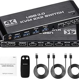 2 in 2 out HDMI KVM Switch 4K@60Hz USB 3.0 Dual Monitor Extended Display Aluminum Alloy Case HDMI KVM Switch with Keyboard-12