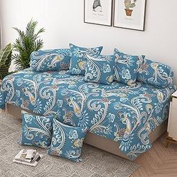 Story@Home Diwan Set Microfiber 8 Pc Set for Living Room- 1 Single Size Bedsheet, 5 Cushion Covers and 2 Bolster Covers, Dusty Blue, Paisley-image-47