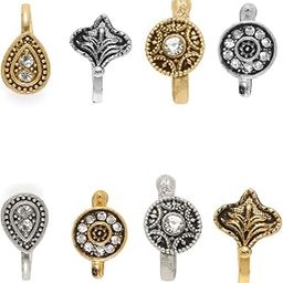 Jewellery Combo of 8 Antique Gold & Oxidised Stones & Pearls Ethnic Traditional Nose Ring For Women & Girls Stylish Latest-image-1