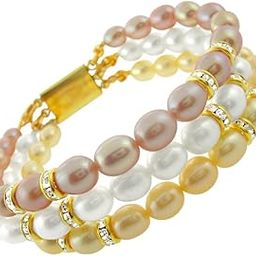 Eye CATCHING Pearl Bracelet for Women and Girls | Multicolor 3 Row Bracelet | Oval Freshwater Pearls 4-5MM | With Certificate Of Authenticity of Pearls-51