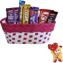 SFU E Com Chocolates Gift Hamper With Beautiful Basket | Valentine Heart Teddy Bear With Chocolate Combo | Valentine Chocolate Hamper | 016-14