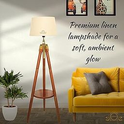 LAMPFINIX Tripod Floor Lamp with Storage Shelf, Wooden Stand, Beige Shade,Wooden Tripod Floor Lamp Standing Brown Polished Antique lamp-image-19