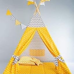 Nyra Decor Portable Teepee Tents with Padded Mat and Cushions Free Kit Bag For 2 - 14 Year Old Kid Grey Yellow-image-33