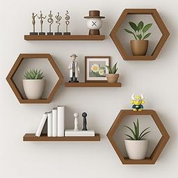 AG SHOPEE Wooden Floating Wall Shelves for Living Room, Wall Mounted Set of 6 Hexagon Shelves for Photos Plants and Wall Decor Honeycomb Wall Shelves for Bedroom (Glossy Pink) (Brown)-image-18
