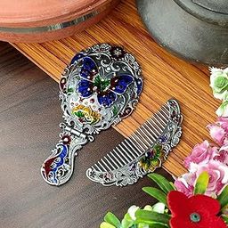 Vemlons Compact Mirror Hand Mirror and Comb for Girls Handicraft Metal Hand Mirror and Comb/Antique Mirror and Comb Set for Women and Girls Table Top Mount Mirror-49