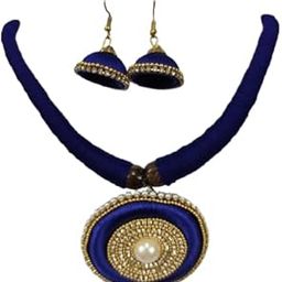 Kheyali's Boutique Handcrafted Silk Thread Necklace Set with Pearl Pendant, Royal Blue and Gold, Traditional Jewellery-image-65