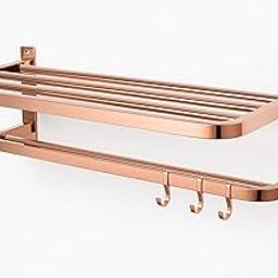 Elexa Hardware Rose Gold Foldable Bathroom Shelf | Wall Mounted Foldable Stainless Steel Towel Rack with Hooks | Space Saving & Modern Bathroom Organization-image-22