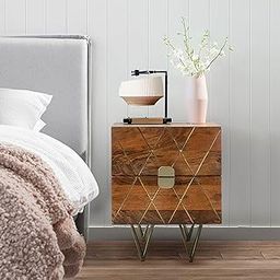 SMAART CRAAFTS KIRA Solid Wood Bedside Table for Bed Room | Premium Designer Metal Inlay Design Night Stand | Teak Honey Finish | Solid Mango Wood Construction | Sturdy Metal Legs |-18