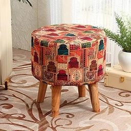 NACIA Stylish Printed Ottoman Stool (16 X 17 Inch) | Soft Cushioned Top for Sitting & Footrest | Pouf Footstool with Puffy Foam & Wooden Legs | Modern Home Decor for Living Room (Darbar)-13