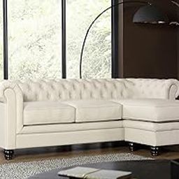 ES ESPINHO ESPN0001 Solid Sal Wood Leatherette Upholstered 3 Seater Right Hand Side Facing Button Tufted Chesterfield Modular, Sectional, Corner L Shape Sofa Set for Living Room, Ivory Color-image-69