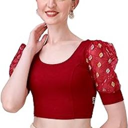 Round Neck Lycra Stretchable Puffed Elbow Sleeve Readymade Saree Blouse for Women Stylish (Amy-image-19