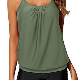 Womens Blouson Tankini Swimsuits Two Piece Strappy Bathing Suit Tops with Shorts Criss Cross Swimwear-image-35