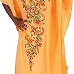 Premium Sozni Floral Embroidered Crepe Silk Kaftan Loose Fit Knee Length Summer Beach Cover-Up | Stylish & Comfortable for Women and Girls (Tuscan Yellow)-picture-4