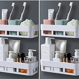 ANAJI Pack of 4 Bathroom Organizer Multipurpose Shelf for Wall Mount Bathroom Organiser Rack Shelf Adhesive Without Drill Self Adhesive 2 Sticker Stand Plastic, White-image-19