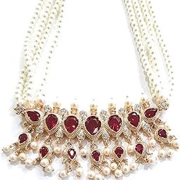 Moteeya traditional Maharashtrian large red Tanmani set gold platted in artificial pearls strings with matching earrings for women-image-17