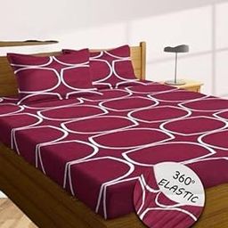 New Town Cotton Feel Glace Cotton Elastic Fitted Printed King Size Double Bed Bedsheet with 2 Pillow Covers and Fits Upto 8 inches Mattress, Size- 72"x78" Saffro 2328-image-53
