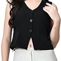 Black Polyester Short Length Top with V Neck for Women-image-76